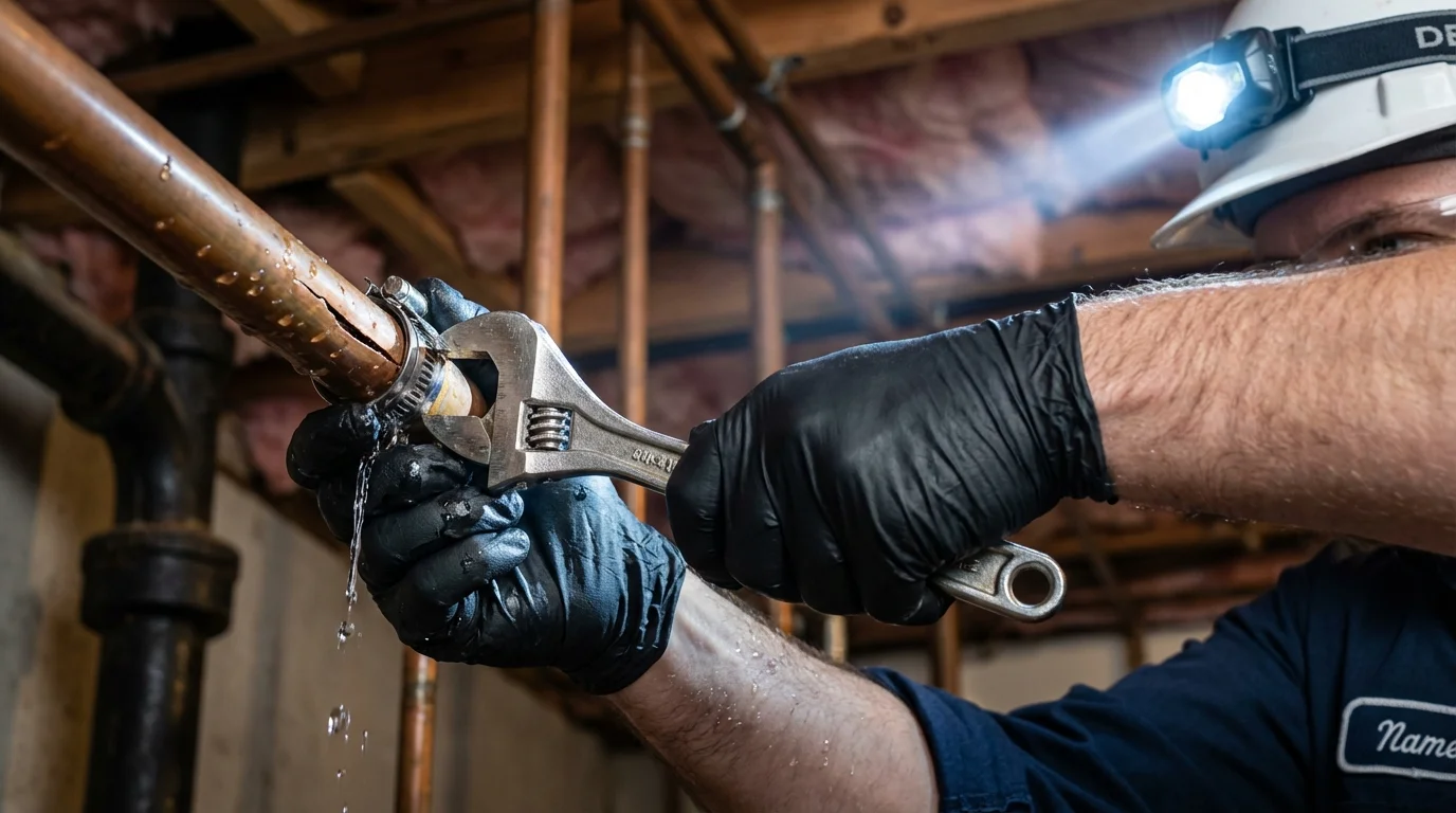 Emergency pipe clamp repair being performed by a Johns Plumbing LLC plumber in Perry Hall