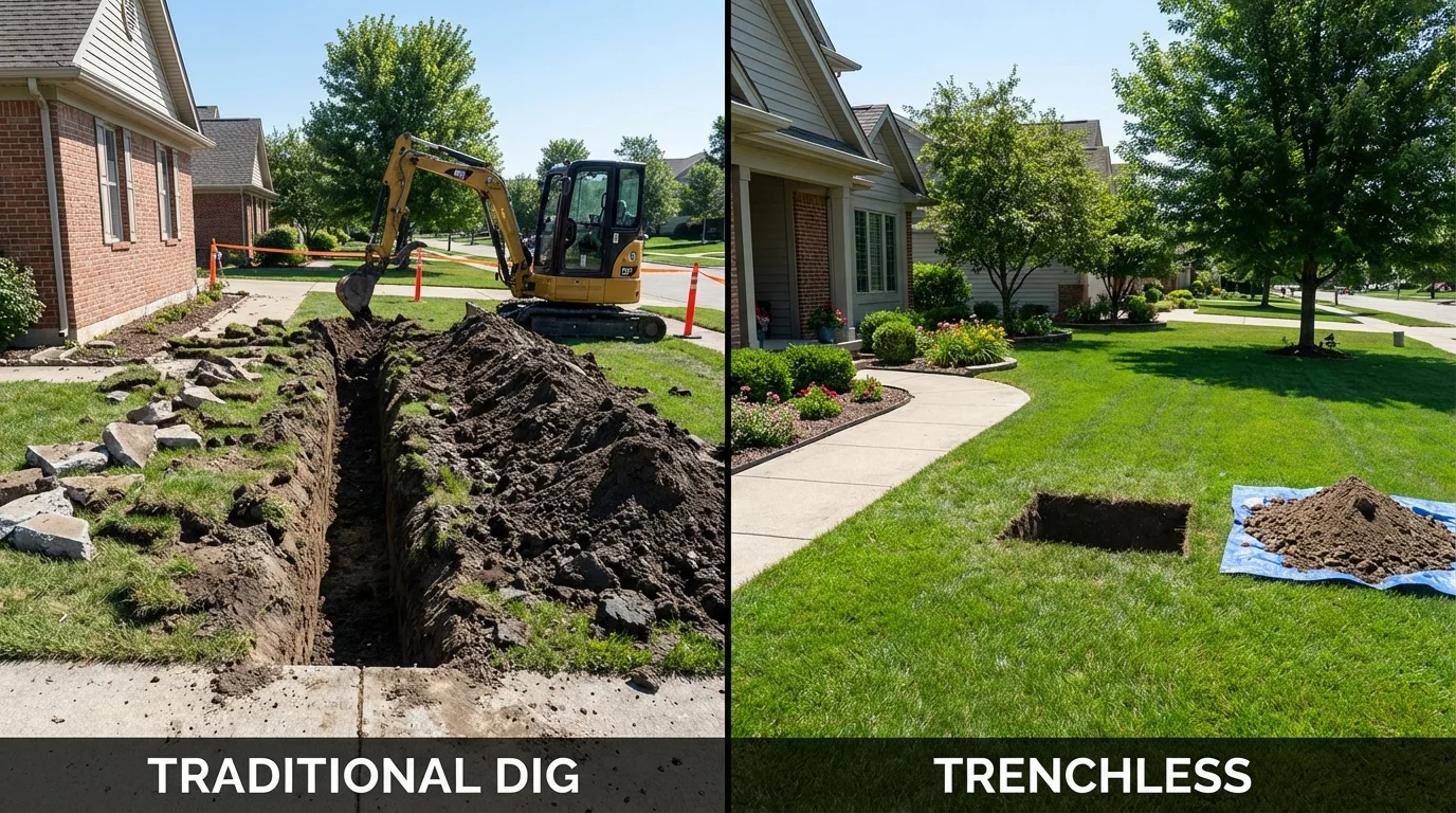 Trenchless sewer repair with minimal yard damage versus traditional excavation in Perry Hall, MD
